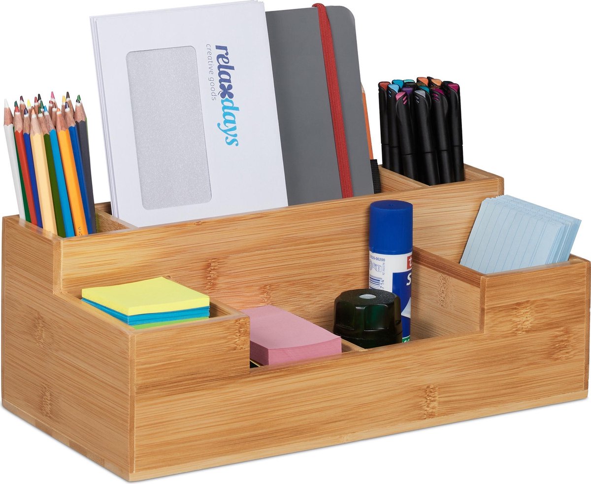 Relaxdays bureau organizer, bamboe, groot, 5 vakken, H x B x D: 11,5 x 22 x 19 cm, pennenbak voor kantoor, thuis, natuur