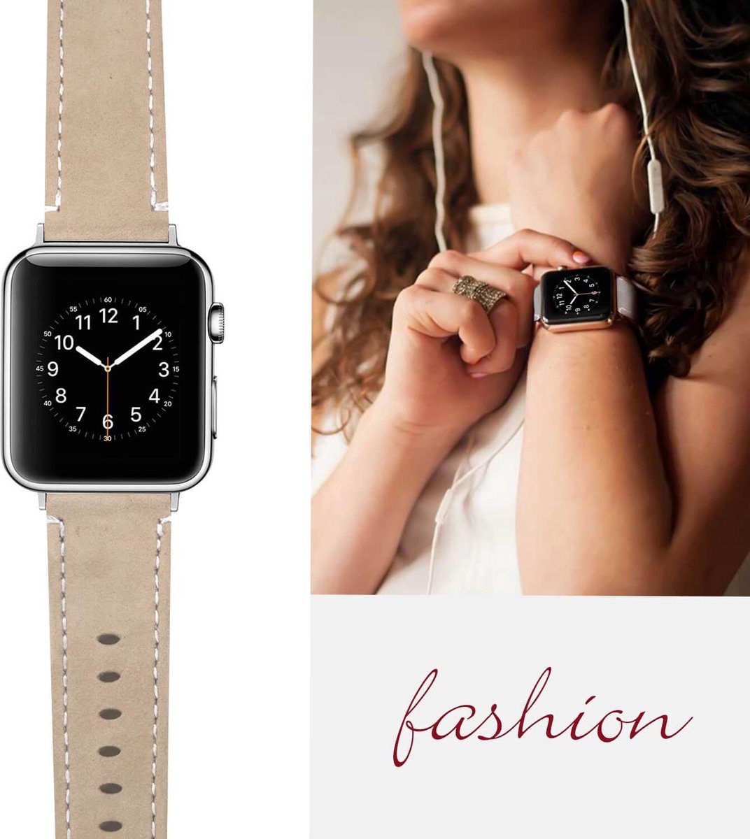 BRACELET DE MONTRE APPLE WATCH CUIR TAUPE COUTURE ECRUE / ADAPTATEUR ACIER