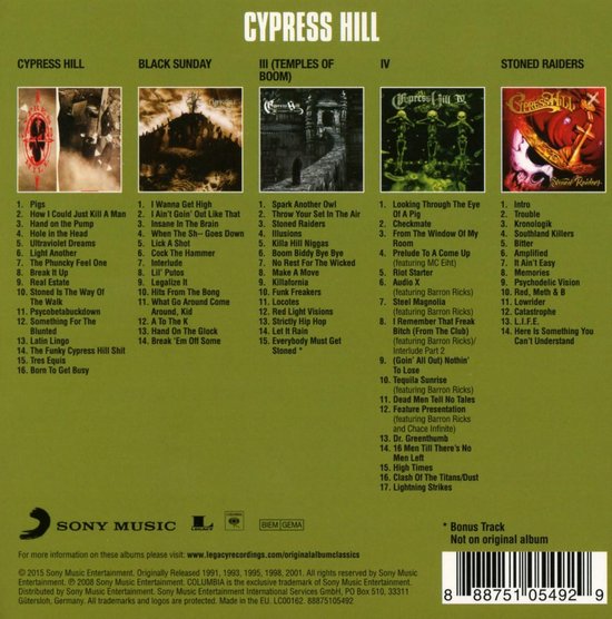 Achterkant van de box set met de titels van de albums en nummers. Inclusief informatie over Sony Music en de albums.