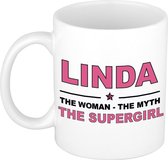 Naam cadeau Linda - The woman, The myth the supergirl koffie mok / beker 300 ml - naam/namen mokken - Cadeau voor o.a verjaardag/ moederdag/ pensioen/ geslaagd/ bedankt