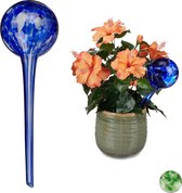 Relaxdays 2 x waterdruppelaar glas - watergeefsysteem - waterbollen - Ø 9 cm - blauw