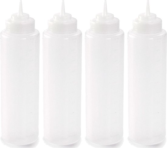 4x stuks Transparante doseerfles/knijpfles 1 liter - Knijpfles/spuitfles - Doseerflacon/sausflacon - Keukenbenodigdheden