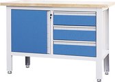 George Tools werkbank 120 cm - Werktafel met 3 laden, 1 opbergkast en multiplex werkblad - Blauw