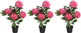 4x stuks roze Paeonia/pioenroos rozenstruik kunstplant 57 cm in zwarte plastic pot - Kunstplanten/nepplanten - Pioenrozen