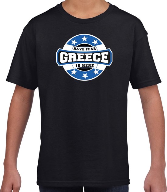 Have fear Greece is here t-shirt met sterren embleem in de kleuren van de Griekse vlag - zwart - kids - Griekenland supporter / Grieks elftal fan shirt / EK / WK / kleding 158/164
