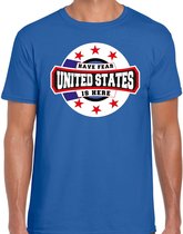 Have fear United States is here / Amerika supporter t-shirt blauw voor heren XL
