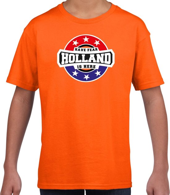 Have fear Holland is here t-shirt met sterren embleem in de kleuren van de Nederlandse vlag - oranje - kids - Holland supporter / Nederlands elftal fan shirt / EK / WK / kleding 134/140