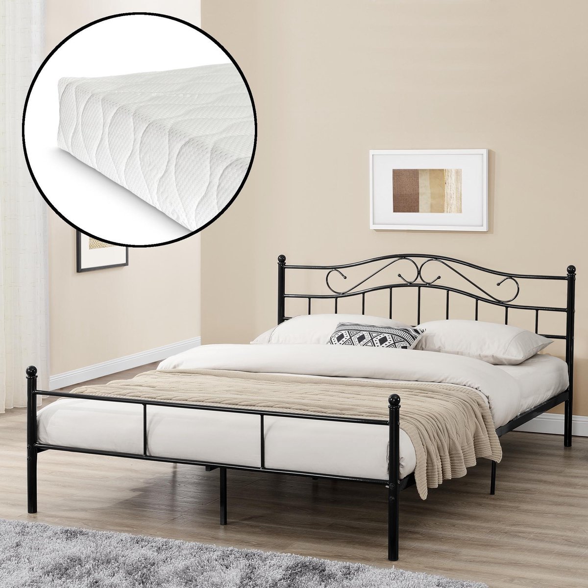 Metalen-frame bed - Florenz - Zwart met Matras - 200x160cm - en.casa