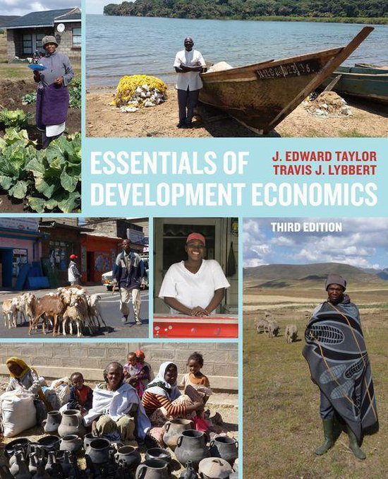 Boekomslag: Essentials of Development Economics, Third Edition. Collage met afbeeldingen van mensen en landschappen in Afrika.
