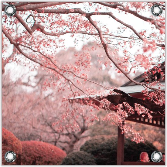 Tuinposter –Roze Bloesem aan Boom met Roze Omgeving-100x100 Foto op Tuinposter  (wanddecoratie voor buiten en binnen)