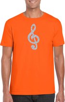 Zilveren muziek noot G-sleutel / muziek feest t-shirt / kleding - oranje - voor heren - muziek shirts / muziek liefhebber / outfit XL