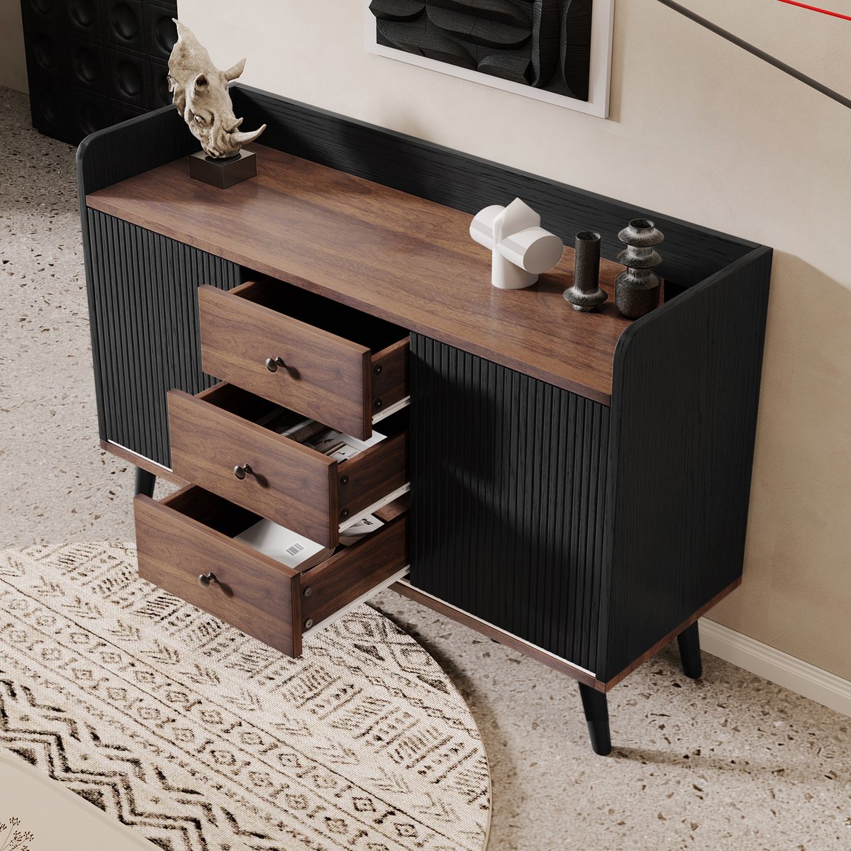 HAUSS SPOLE Dressoir – Gestreept Schuifdeuren En 3 Lades – Verstelbare Planken Voor Ruime Opberging – MDF En Spaanplaat – 117,5x40x80 Cm – Zwart En Houtkleur