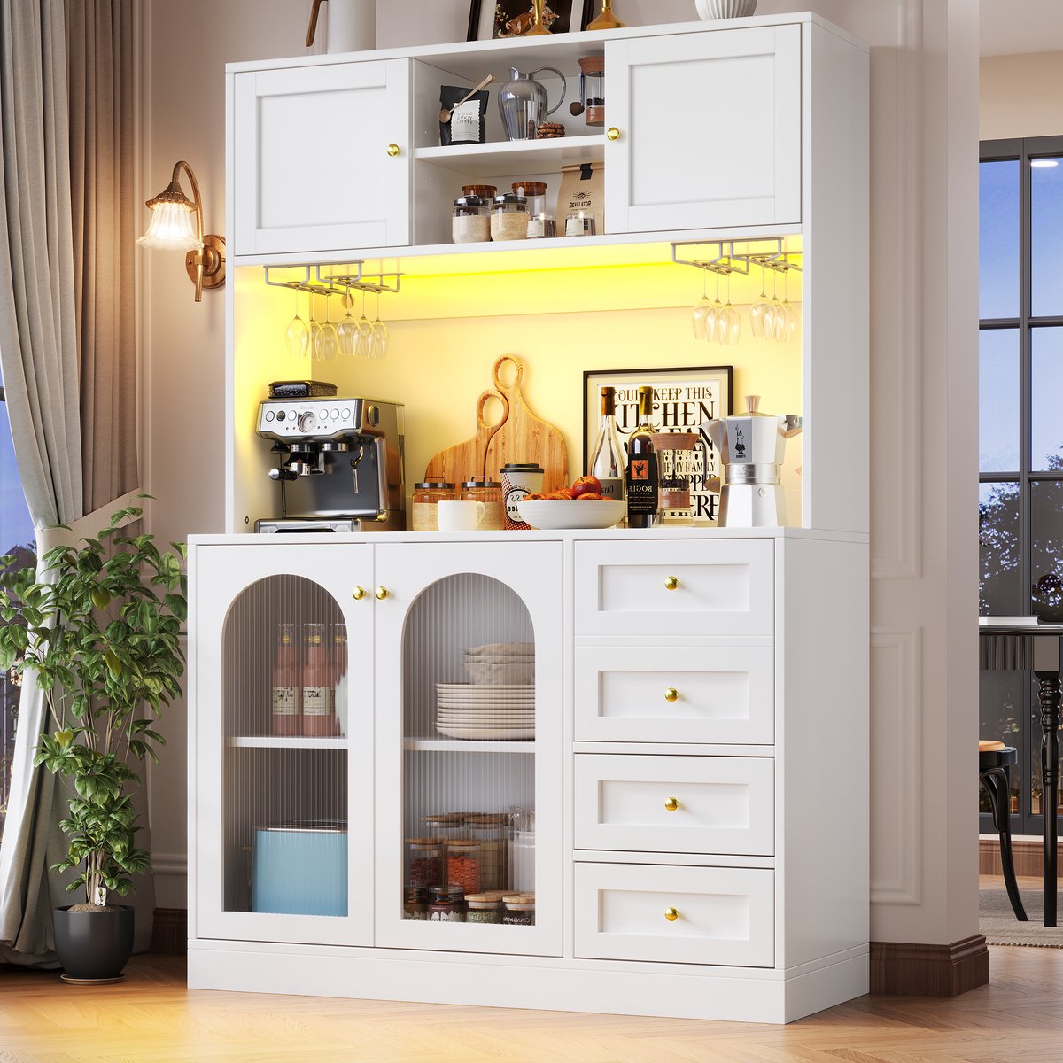 HAUSS SPOLE Buffetkast - Met Appgestuurde Ledverlichting En Grote Opbergruimte - Voor Keuken En Woonkamer - MDF Wit - 120x40x188 Cm