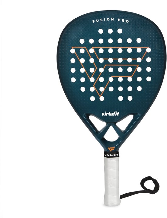 Donkerblauwe VirtuFit padelracket met oranje V-logo en 'FUSION PRO' tekst bovenaan.