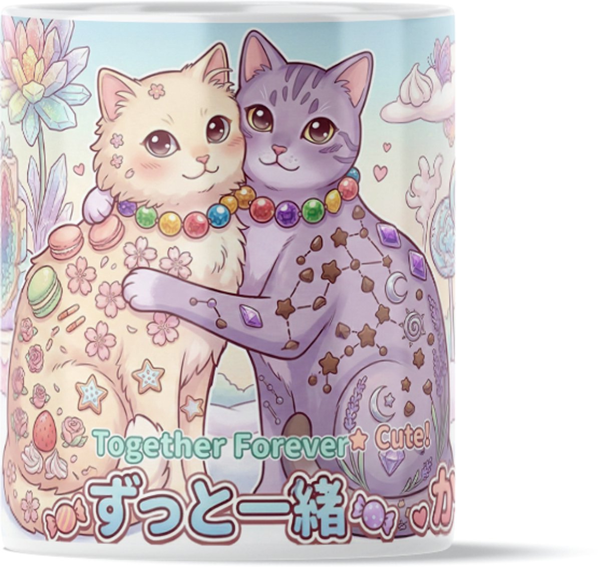 Kawaii Magische Katten met Snoep Macaron Bloemen Kristallen & Sterren Koffiemok Theebeker - Spiritueel Poezen Design voor op Kantoor & Thuis Werkplek - Cadeau voor haar: Vrouw, Vriendin of Collega - Dierenliefhebber Bureau Accessoire - Geode Pastel