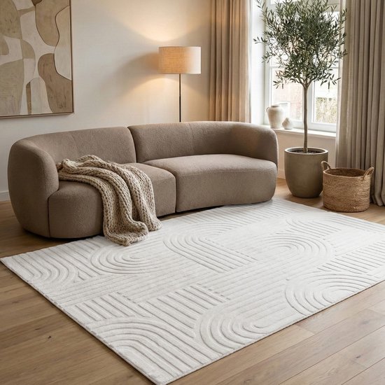 Tapis Flycarpets Eve Japandi Crème - Tapis à poils courts pour salon - Doux et moelleux - 160 x 230 cm