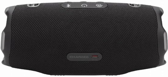 Enceinte JBL Charge 6 noire avec boutons sur le dessus et port USB-C à l'avant.