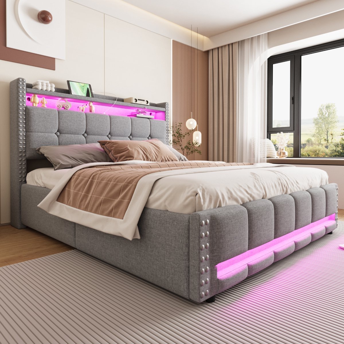 HAUSS SPOLE Gestoffeerd Bed 160x200cm - Met LED Verlichting En USB Aansluiting - Met Hoofdbord Opbergvakken En Lift Opbergruimte - Linnen - Zonder matras - Lichtgrijs