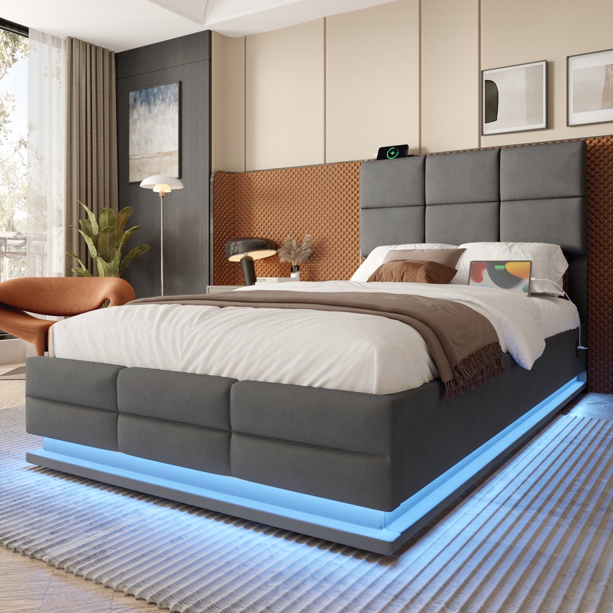 HAUSS SPOLE Gestoffeerd Bed 90x200 cm - Met Verstelbaar Hoofdbord, LED en USB Type C - Hydraulische Lift Met XXL Opbergruimte - Fluweel - Donkergrijs