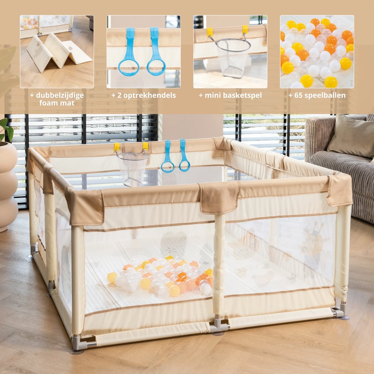 Baby Grondbox – Babybox – Speelbox – Kinderbox – Playpen – Kruipbox – Ballenbak - 128 x 128 x 65 cm – Dubbelzijdige Speelmat – 65 Speelballen – 2 optrekhandvatten – Rits Opening