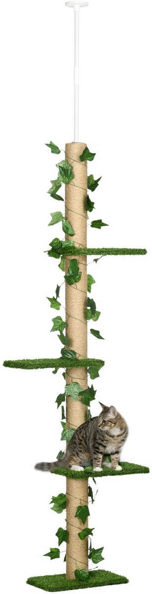 Merax Plafondhoge Krabpaal 202-242 cm – Verstelbare Katten Krabboom met Anti-Kantel/Anti-Slip Bevestiging – Jute Krabpaal met Klimplateaus – Groen/Geel