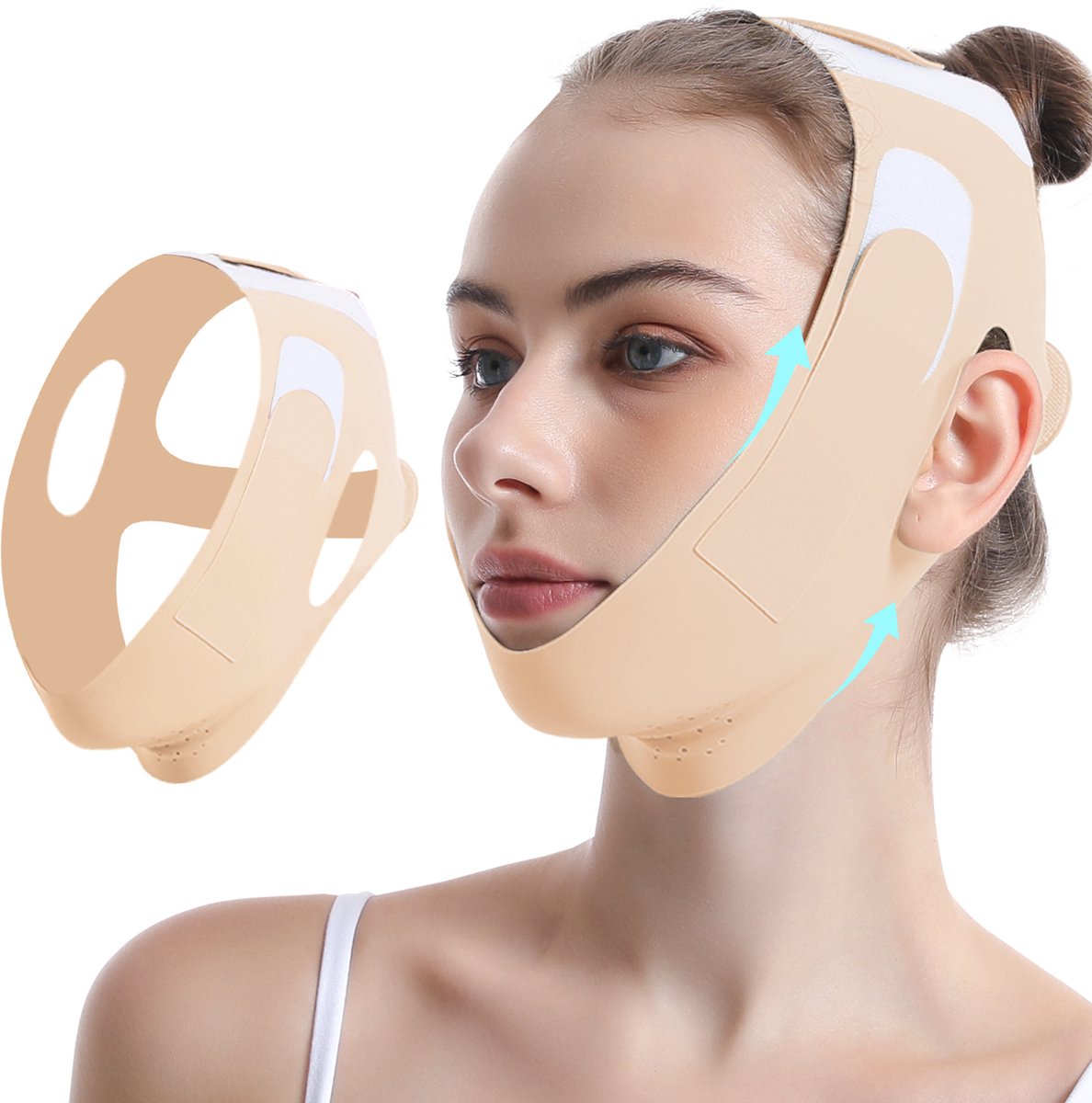 Oneay V-Line Kinband & Gezichtsafslankband - Dubbele Kin Verwijderaar voor Vrouwen - Liftend Gezichtsmasker & Bandage - Beige