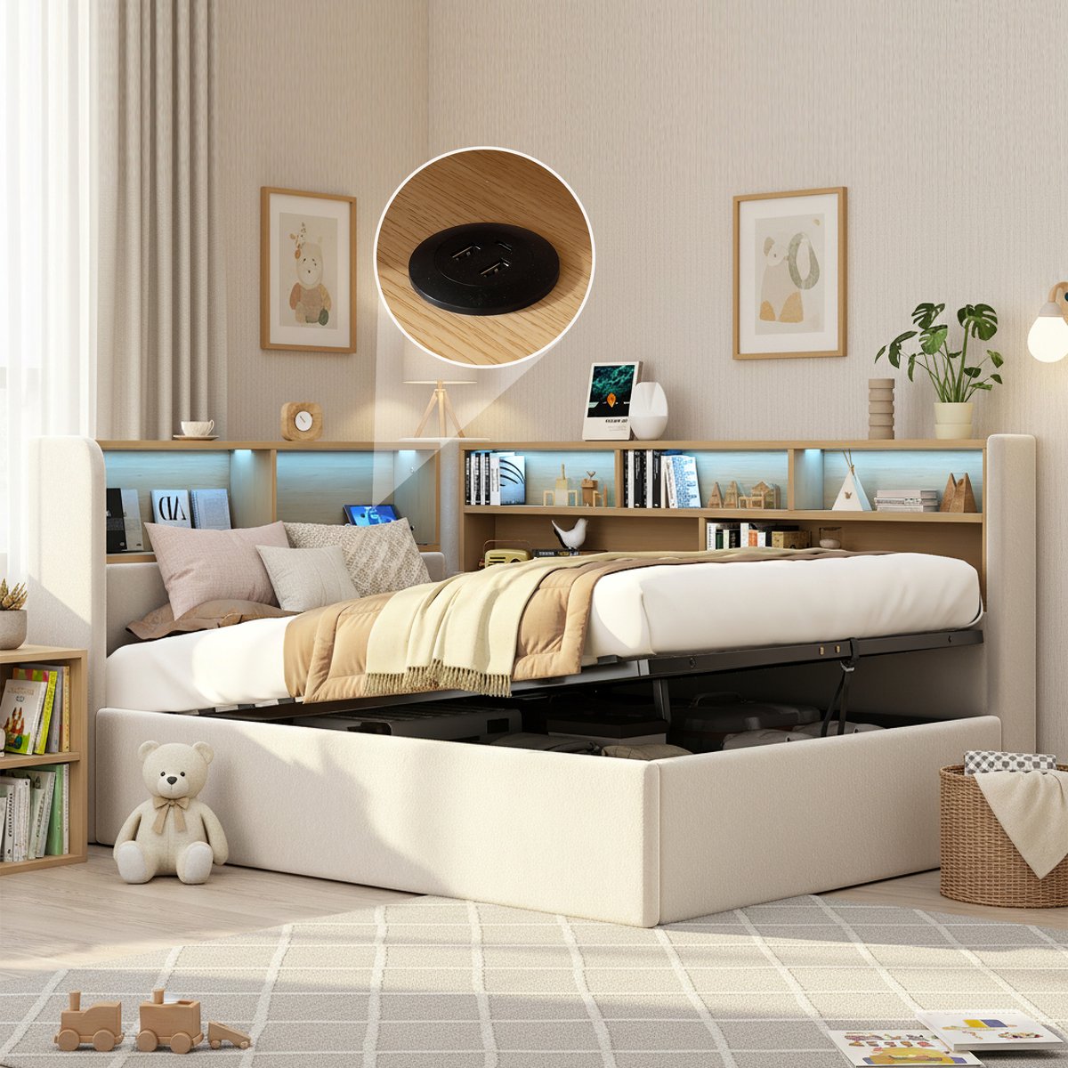 REDOM daybed 90x200 cm – Fluweel beige – Hydraulische opbergruimte (extra diep) – LED & USB/Type-C – Open opbergvakken – Matrasrand – 150 kg