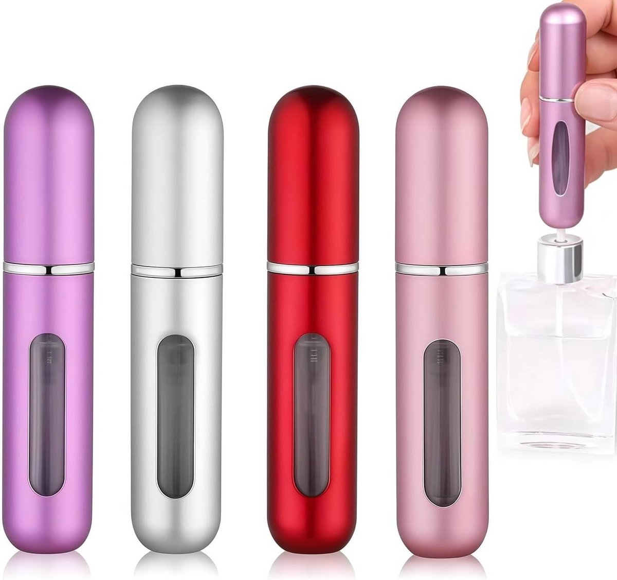 Daity Set van 4 navulbare reisparfumflesjes van 5 ml - mini-parfumverstuivers met vulopening aan de onderkant - handig voor op reis en onderweg (rood-zilver-roze-paars)