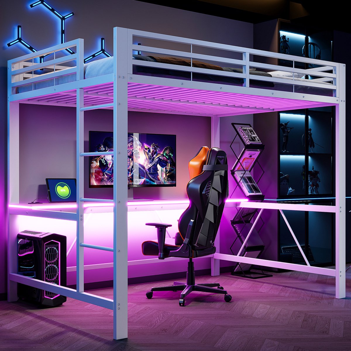 REDOM Hoogslaper 140x200 cm – Wit – Met Bureau & LED-verlichting (Meerkleurig) – USB-laadstation – Veiligheidshek – Metaal + MDF