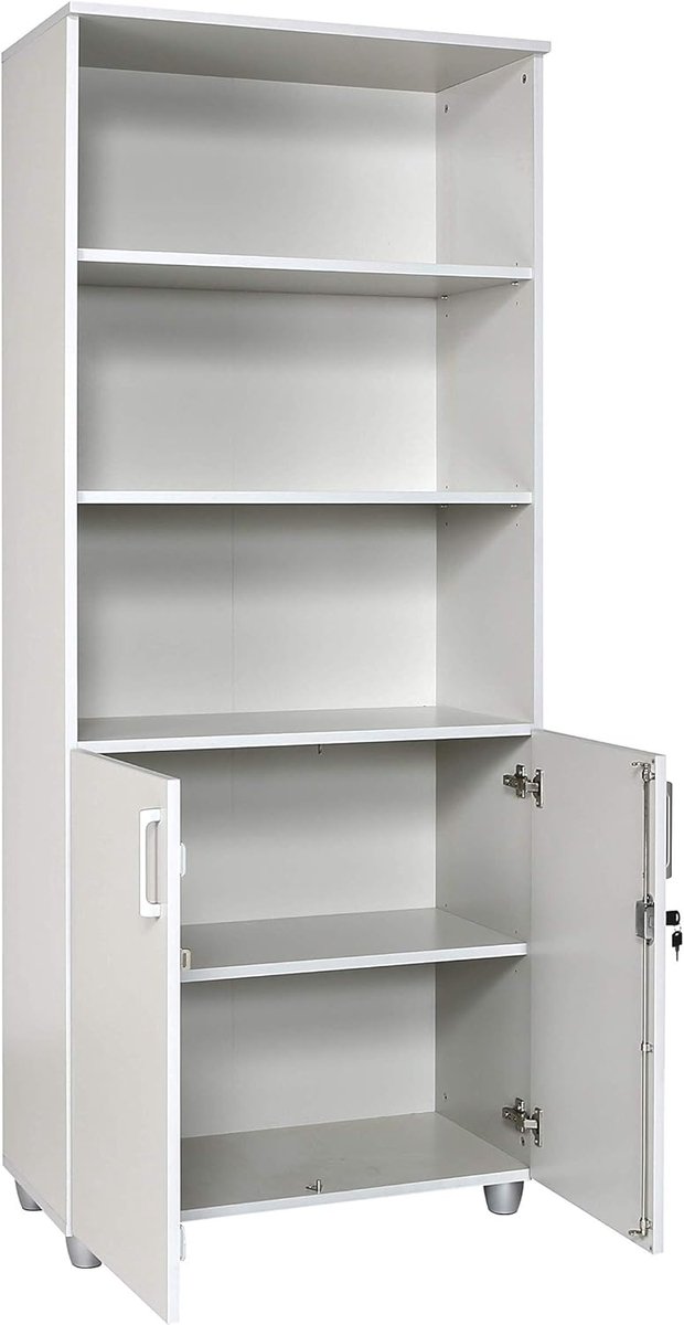 Archiefkast met Slot en Sleutels – Casa Velluto SecurePro 190 cm Afsluitbare Boekenkast – Houten Kantoorkast met Open Vakken en Verstelbare Planken – Grijs 80x40x190 cm