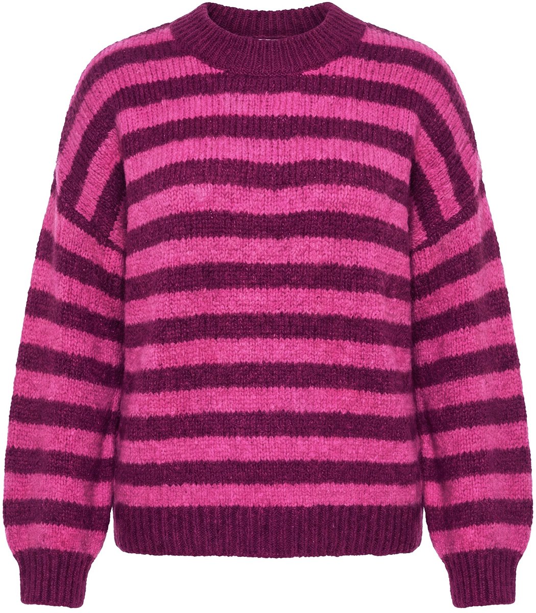 Studio Untold - Dames - Trui oversized grof breisel kleurrijke strepen - Aubergine - Maat 50+