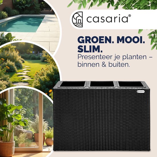 Zwarte plantenbak in polyrotan-look op een terras, naast een zwembad en tuinpad. Tekst: "GROEN. MOOI. SLIM. Presenteer je planten - binnen & buiten."
