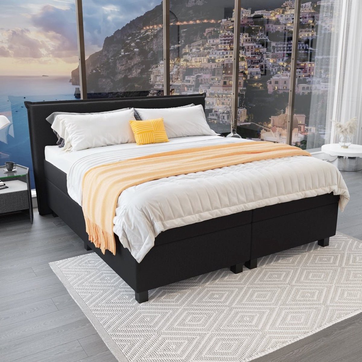 Mörgenn Boxspring Capri - Pocketvering Boxen en matrassen - Luxe 12cm topper - Zwart - 80x220 cm - Inclusief Dekbed en Kussens