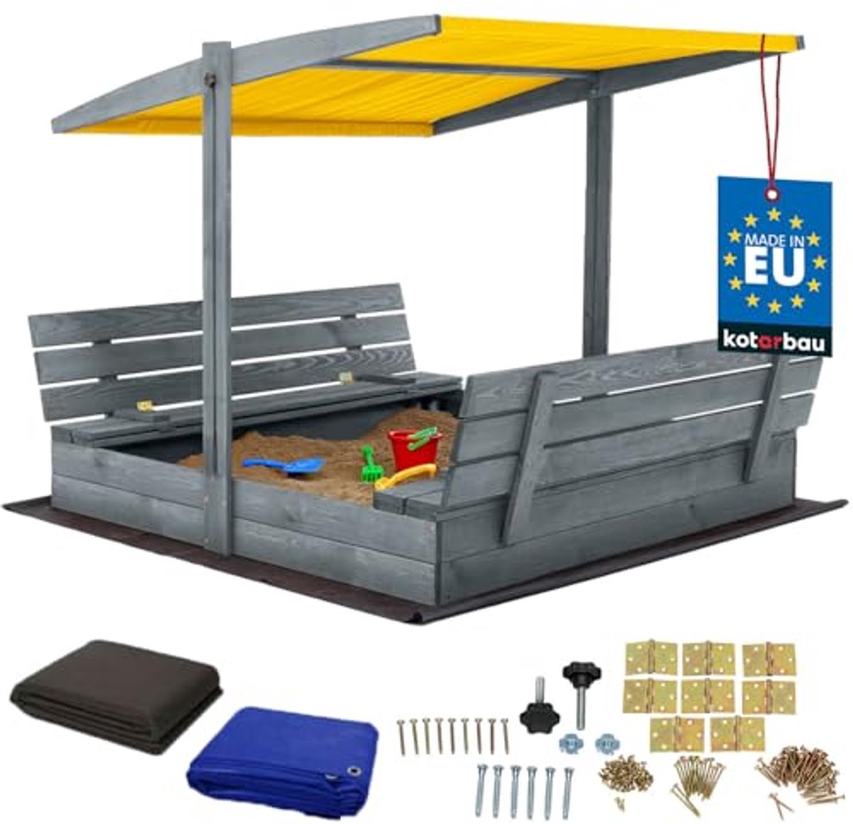 KOTARBAU® Houten Zandbak, 140 x 140 cm, Grijs, Zandbak met Bankjes, met Geel Dak, en Grondzeil, voor Tuin, Buitenspeelgoed