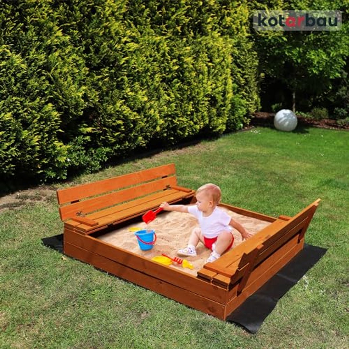 KOTARBAU® Houten Zandbak, 120 x 120 cm, Bruin, Zandbak met Deksel, en Bankjes, Met Grondzeil, Geïmpregneerd, Buitenspeelgoed — afbeelding 2