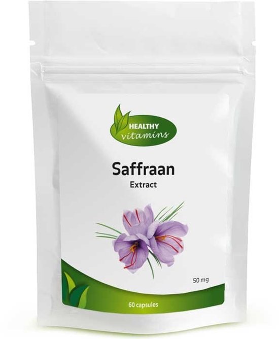 White pouch with 'Healthy Vitamins Saffraan Extract' and an image of two purple saffron flowers with green leaves. Contains 60 capsules, 50 mg.