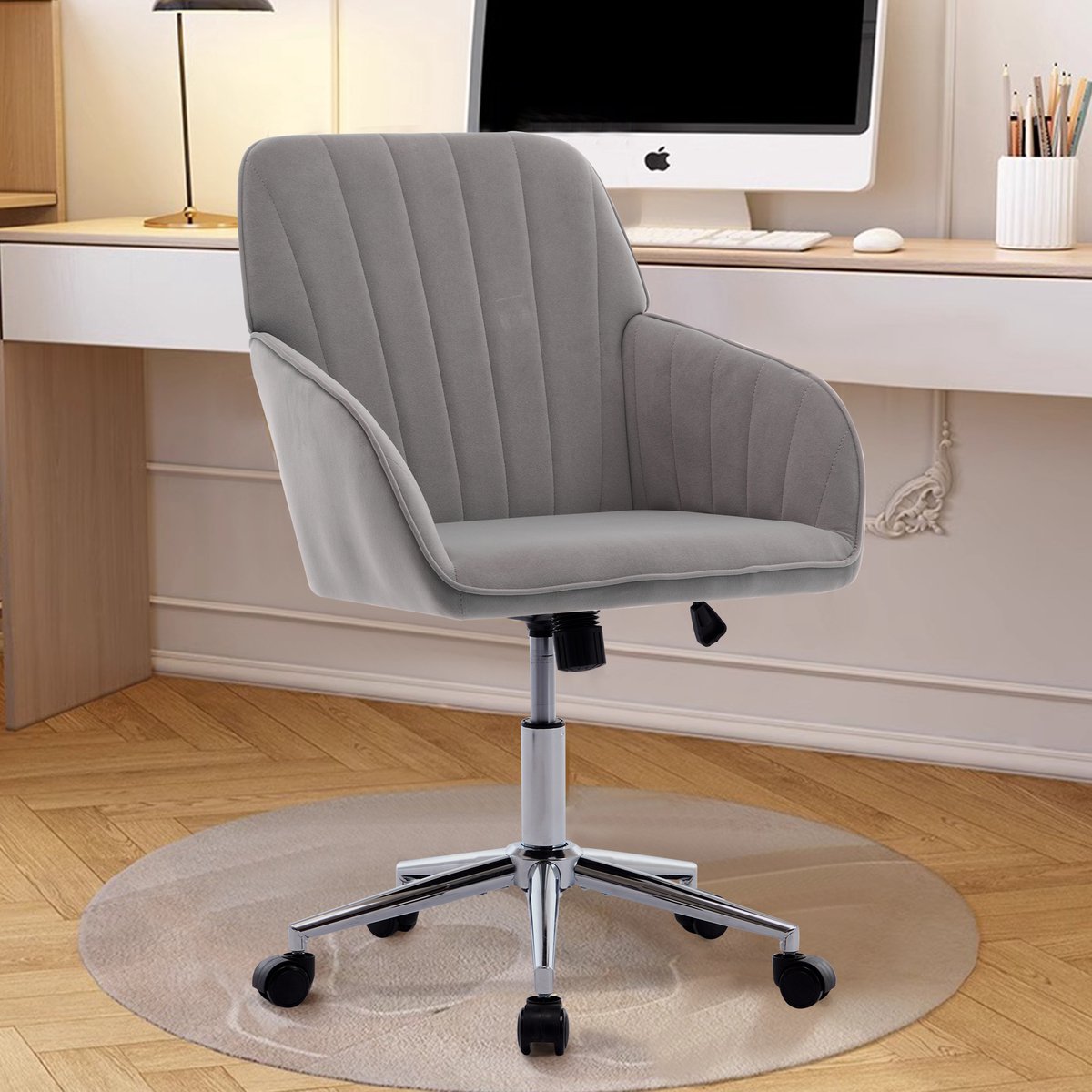 OKWISH Bureaustoel - Ergonomisch En 360 Graden Draaibaar - Fluweel - Modern - Grijs - Verstelbare Zithoogte