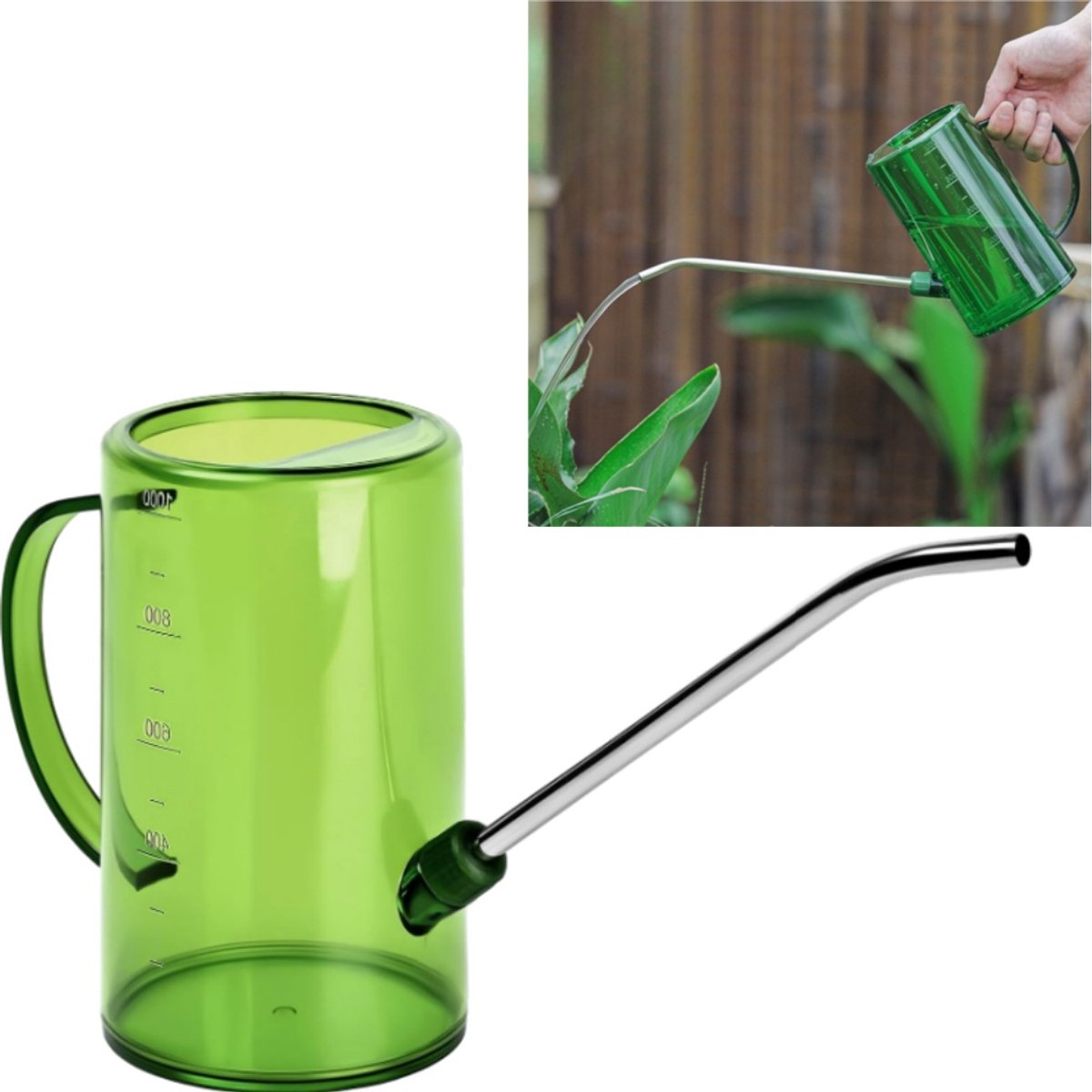 Gieter van 1000 ml met lange tuit van kunststof - Smalle tuit - Gieter voor huishoudelijk gebruik - Gieter voor kamerplanten - 10*10*17 cm - Voor planten in de woonkamer/op het balkon - Groen
