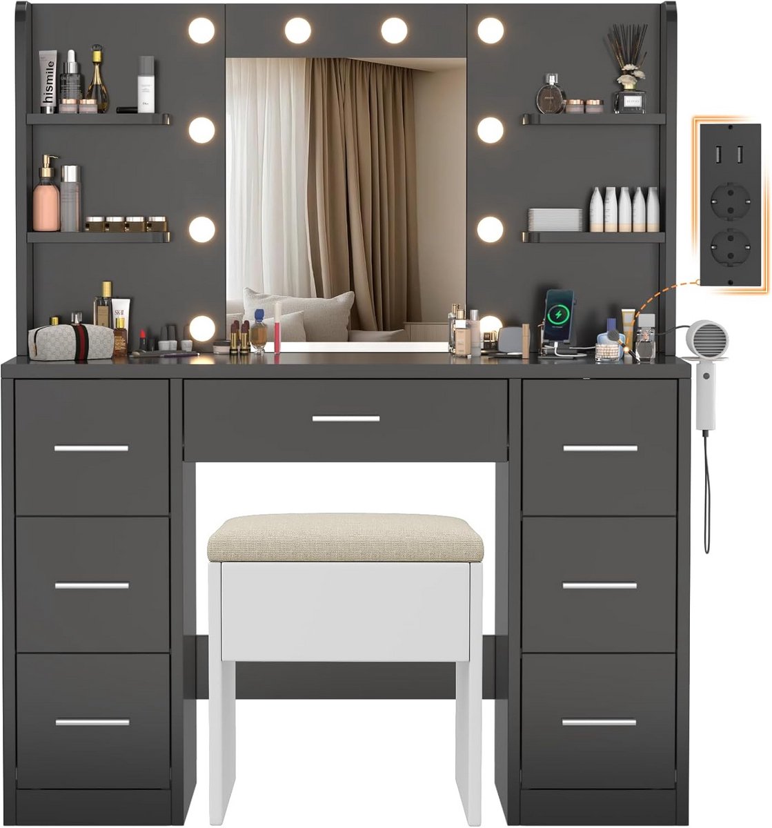 Kaptafel met Spiegel en Verlichting - Make up Tafel - Cosmeticatafel - Beautymeubel