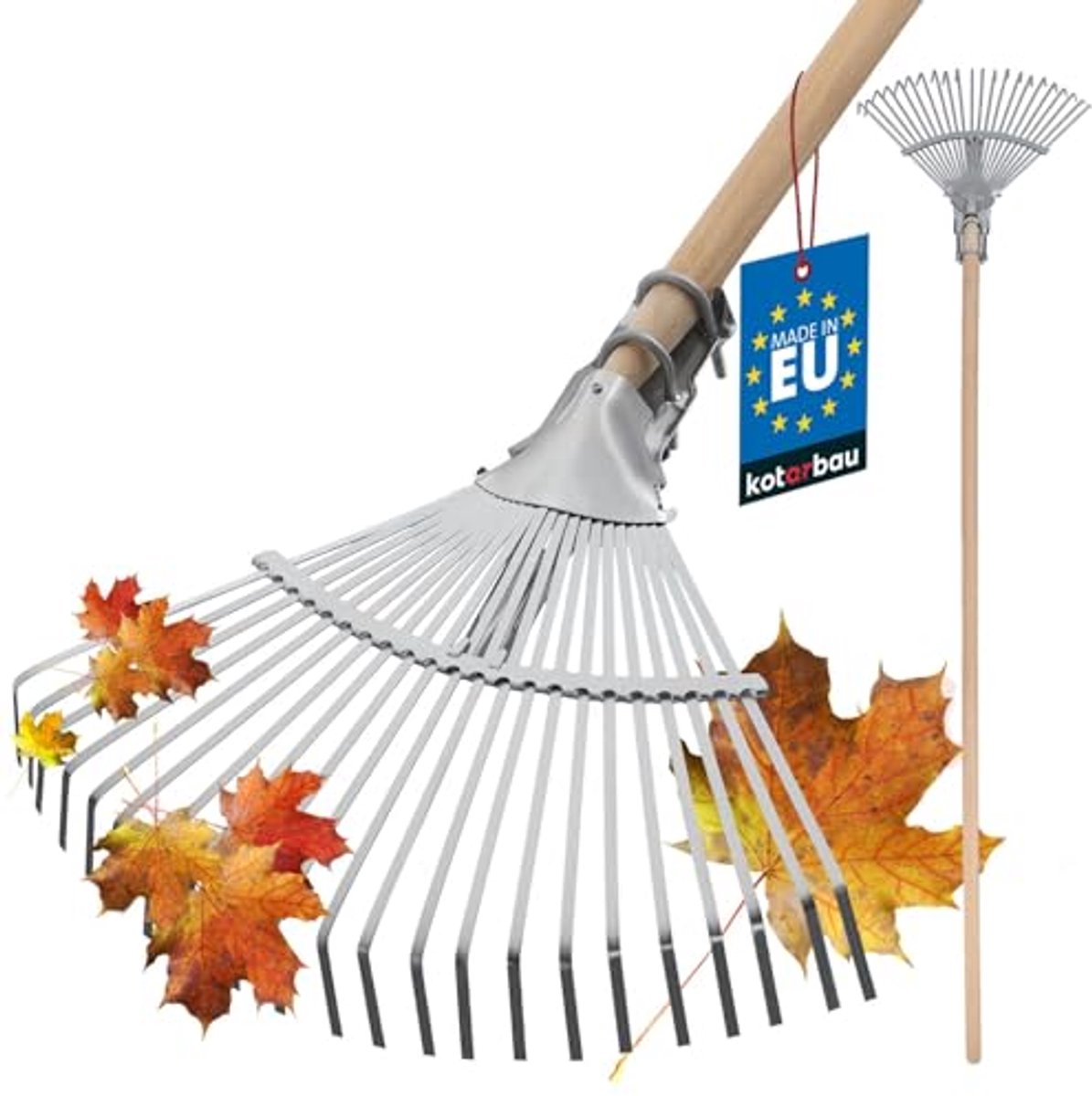KOTARBAU® Bladhark, met Houten Steel, Staal, Zilver, Bladbezem, Verstelbare Bladhark, 28 cm-40,5 cm, Gazonhark, voor Bladeren Gras, Tuinwerk, Ergonomisch Robuust