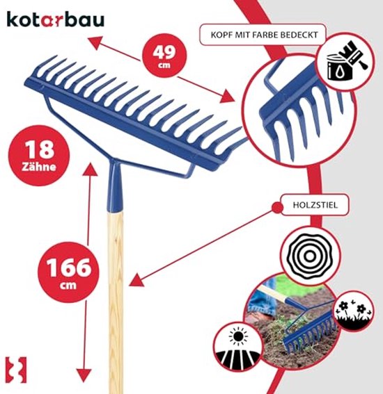 KOTARBAU® Tuinhark, Versterkt, Bladhark, Staal, 49 cm, Marineblauw, met Houten Steel, 166 cm, 18 Tanden, voor Gazon, Stevige Hark, Metalen Hark, Ergonomisch Tuingereedschap van Merkloos	 — afbeelding 4