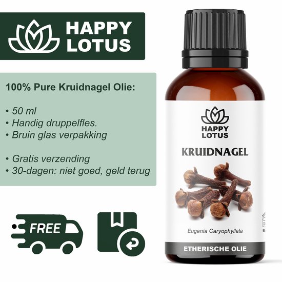 Flesje kruidnagelolie van 50ml met kruidnagels ernaast. Tekst: HAPPY LOTUS, Kruidnagel, Eugenia Caryophyllata, Etherische olie. Gratis verzending.