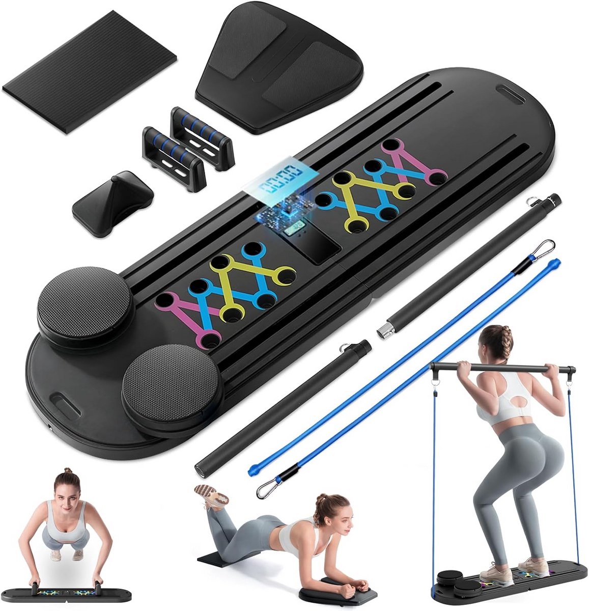 Opvouwbaar Pilates Trainingsapparaat met Automatische Rebound Ab Roller 6-in-1
