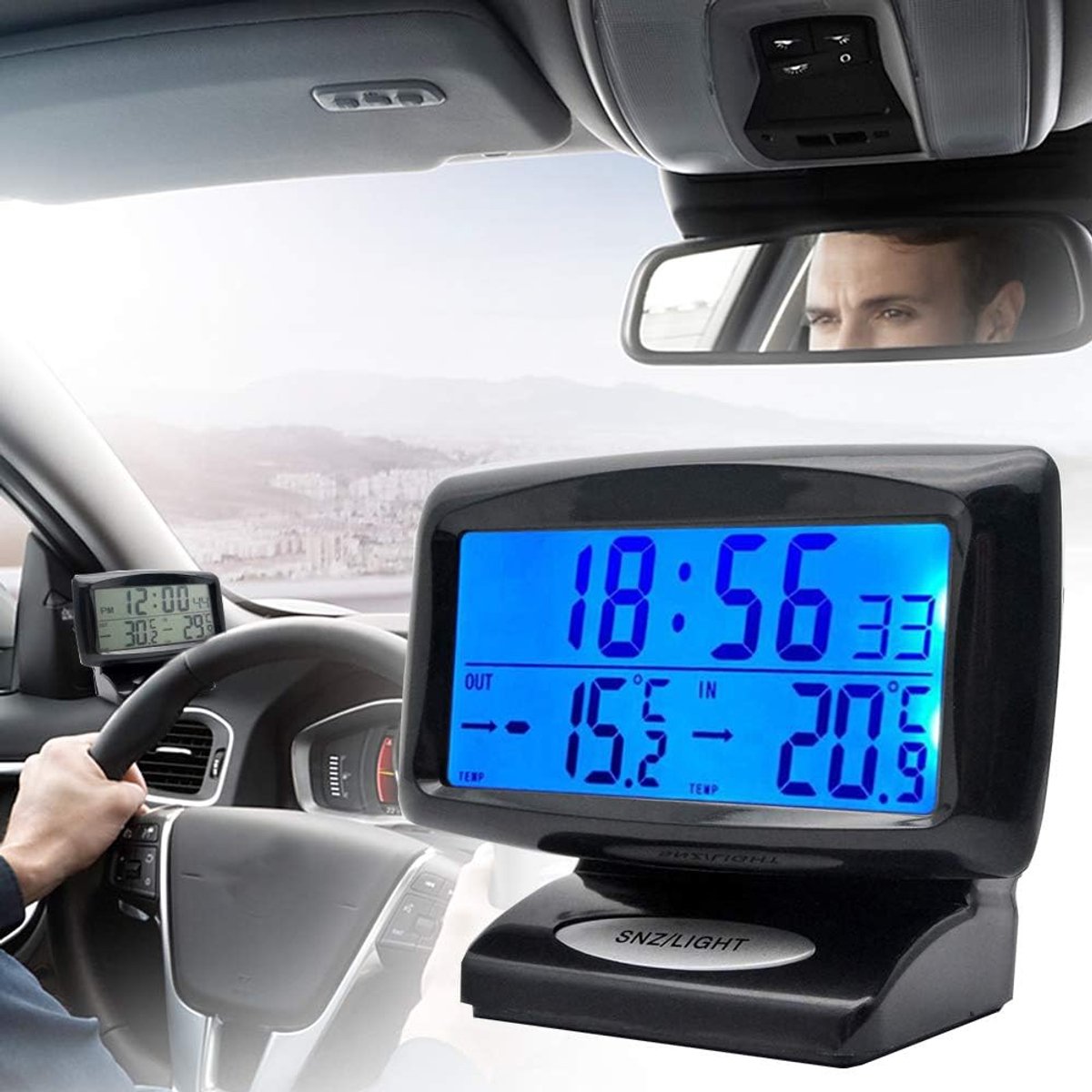 Digitale Auto Klok en Binnen/Buiten Thermometer met LCD Scherm en Blacklight