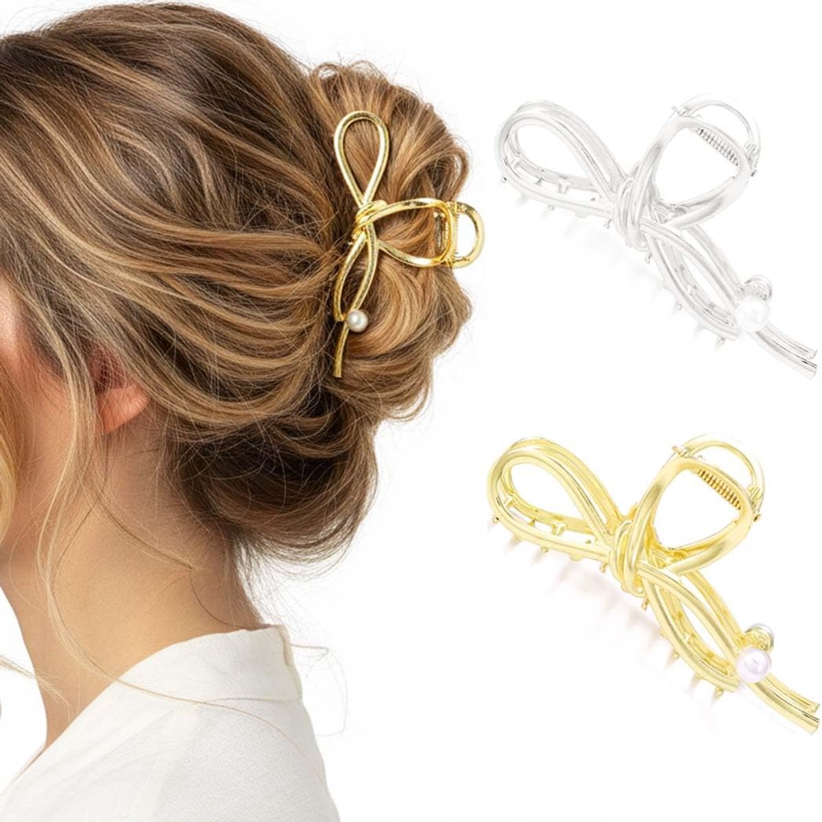 Grote Luxe Haarspeld Clips met Parels en Gouden Strik - Set van 2