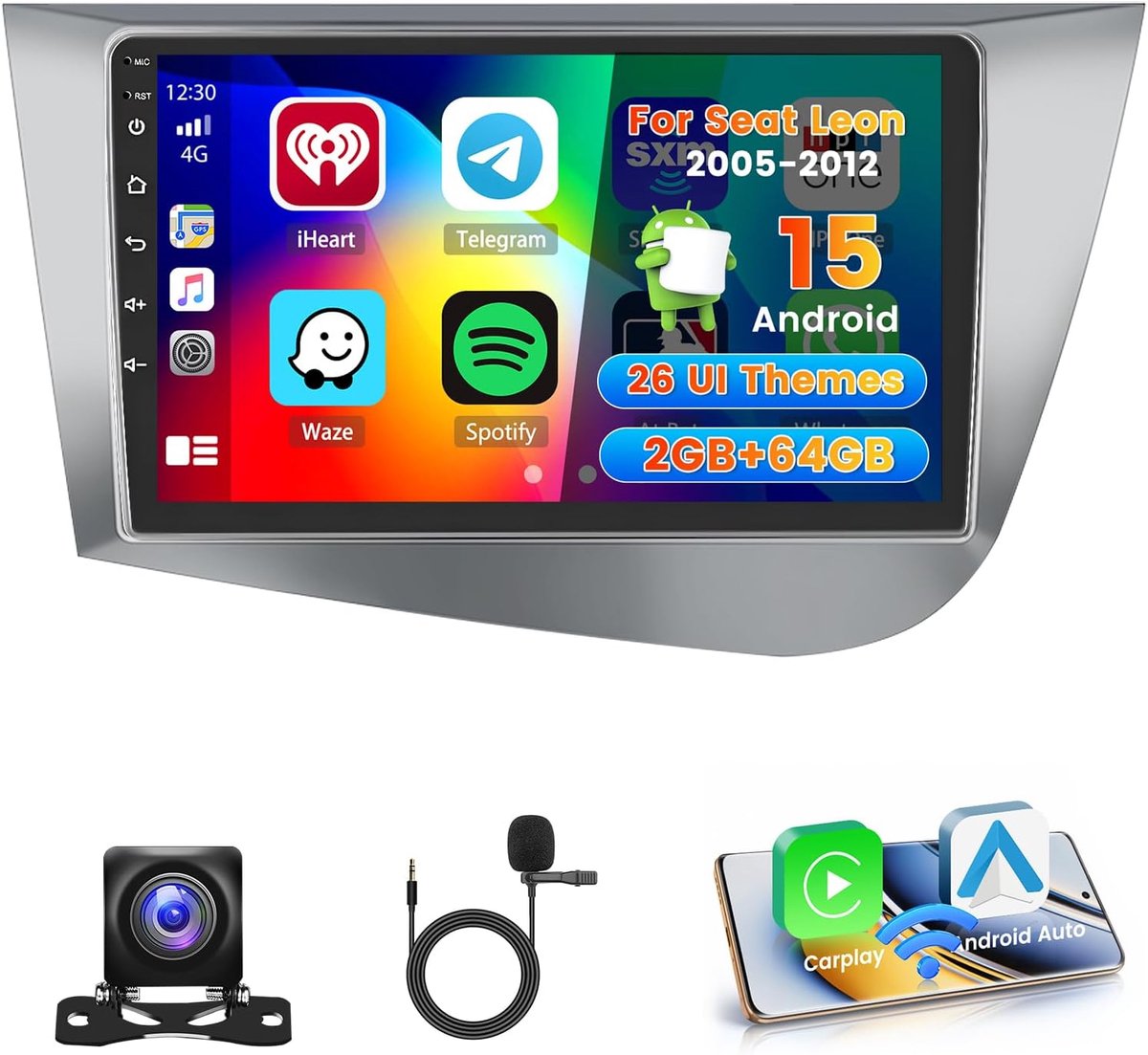 Android Auto Radio 2+64GB voor Seat Leon (2005-2012) - 9 Inch Navigatie met Draadloze CarPlay, Bluetooth & Achteruitrijcamera