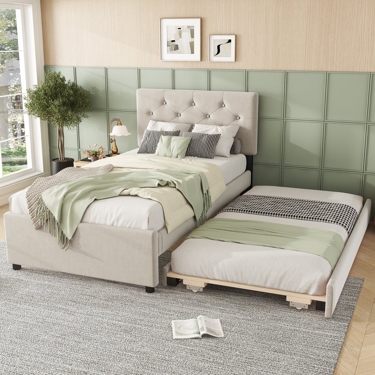 MODFU Ledikant 90x200 cm – Fluweel beige – Met uitschuifbaar rolbed – Knoopdetails hoofdbord