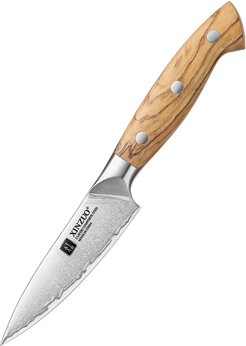 XinZuo X02O Pin Series Schilmes 11 cm – Professioneel Keukenmes – Olijfhouten Handvat – 3-Laags Composietstaal met Stonewash Afwerking