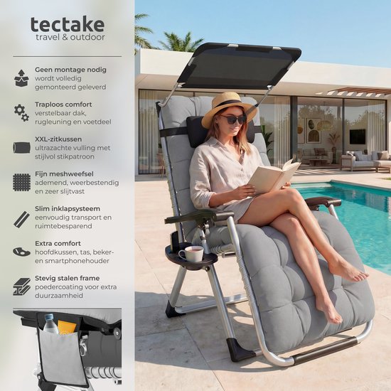 tectake® Opvouwbare Ligstoel Cloud met Zonnescherm - Tuinstoel met Tafeltje - Bekerhouder - Traploos Verstelbaar - Voor Balkon, Camping of Tuin - Relaxstoel met extra dik Kussen - Strandstoel - Ligbed - Div. kleuren - Grijs van TecTake — afbeelding 2