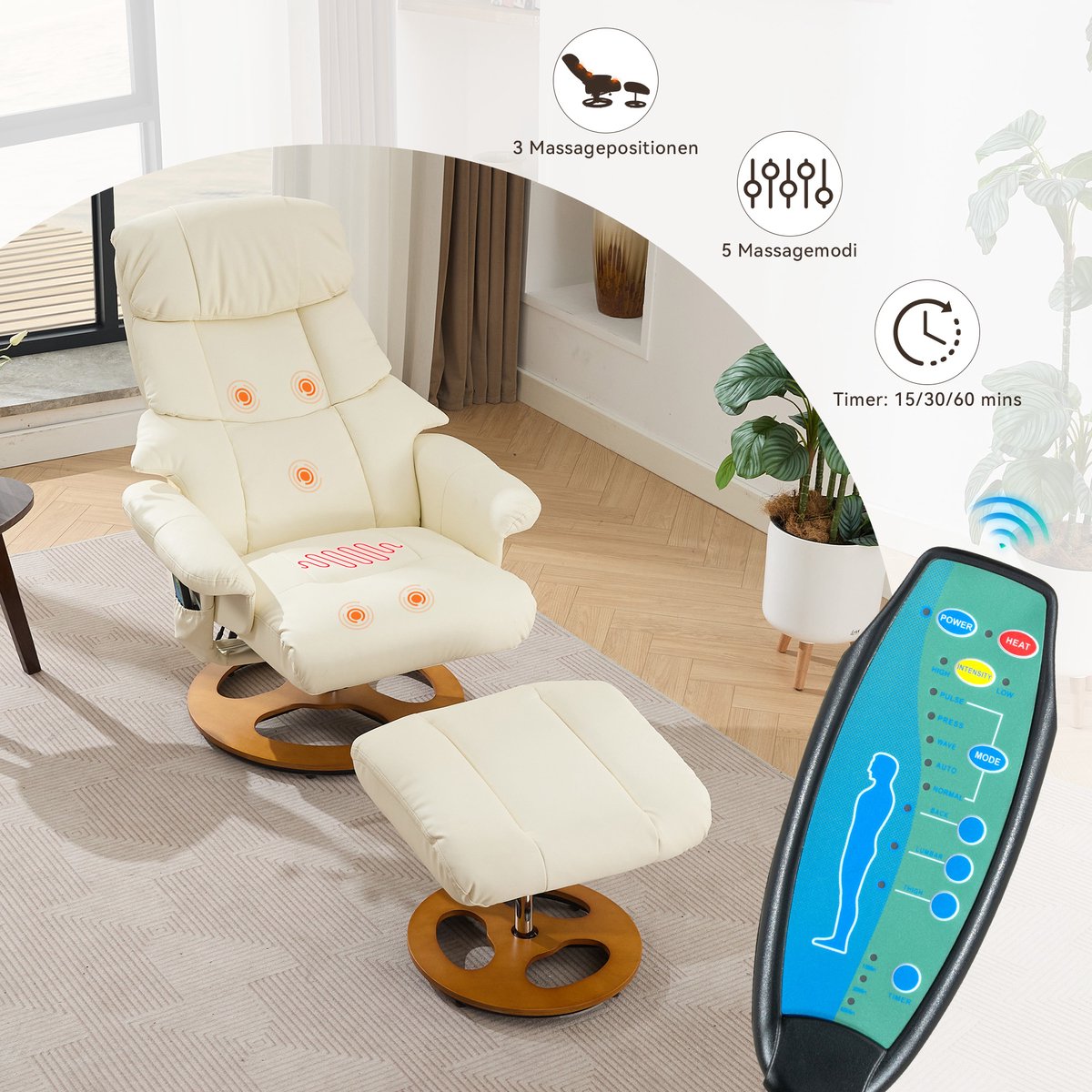 Luxe Relaxfauteuil met Massage en Verwarming - Verstelbaar met Voetenbank - 360° Draaibaar - Wit Kunstleer – foto 3